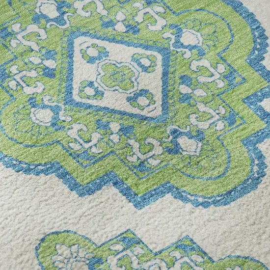 Lime Green Teal And Ivory Medallion Washable Area Rug With UV Protection Photo 9