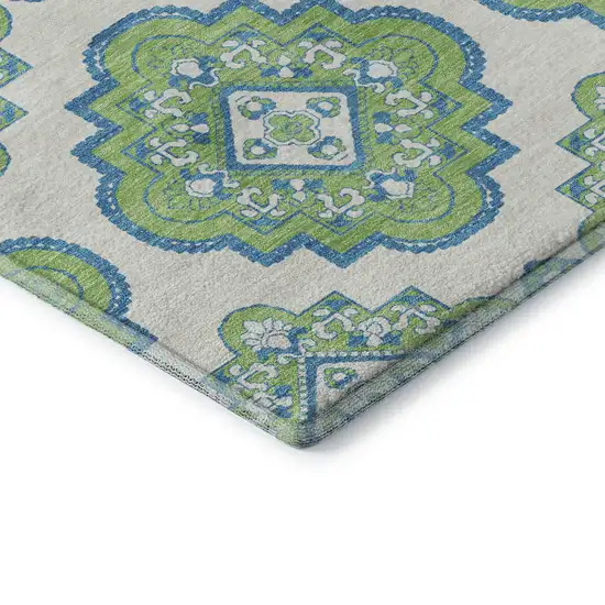 Lime Green Teal And Ivory Medallion Washable Area Rug With UV Protection Photo 7