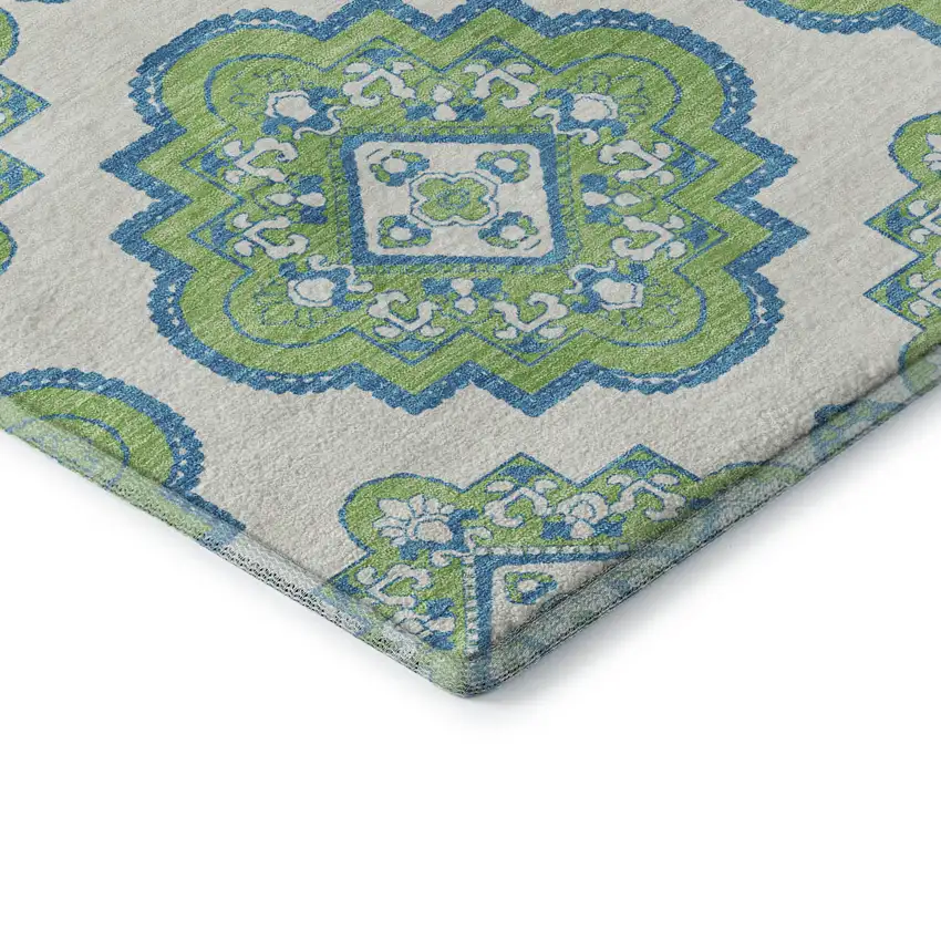 Lime Green Teal And Ivory Medallion Washable Area Rug With UV Protection Photo 7