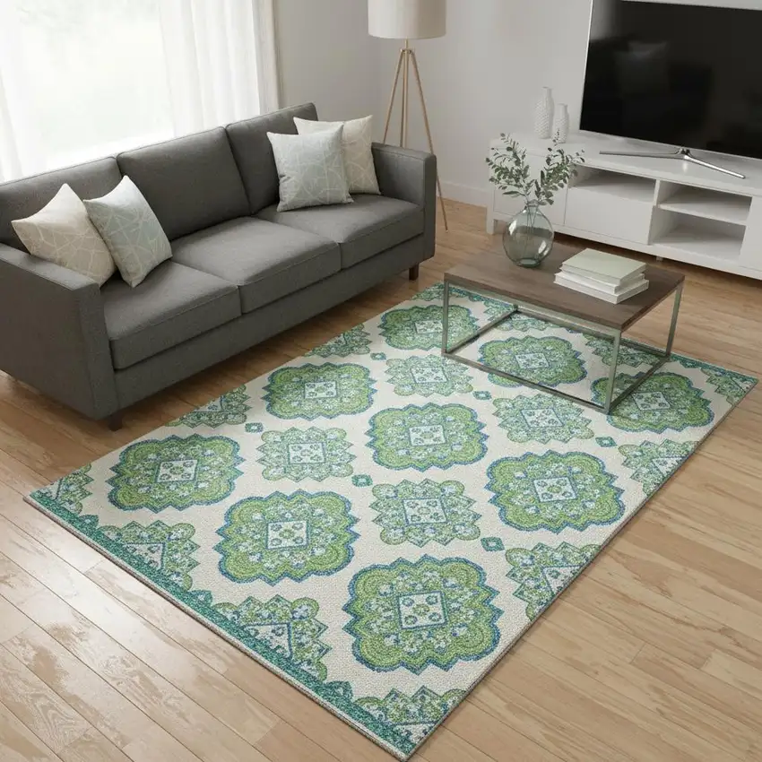 Lime Green Teal And Ivory Medallion Washable Area Rug With UV Protection Photo 2