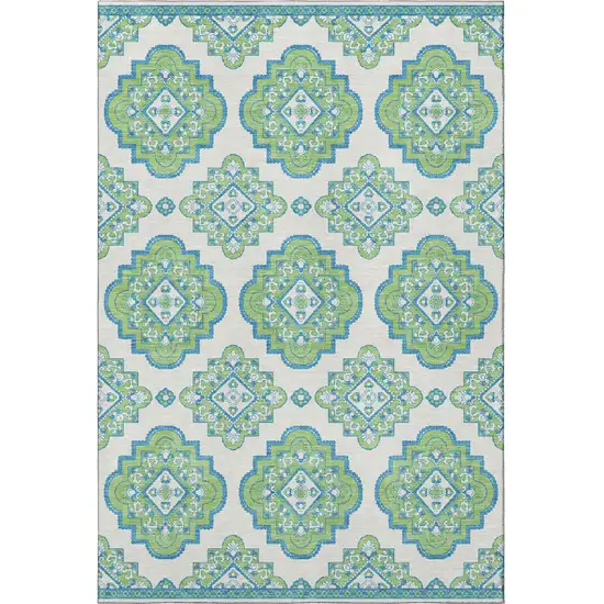 Lime Green Teal And Ivory Medallion Washable Area Rug With UV Protection Photo 3
