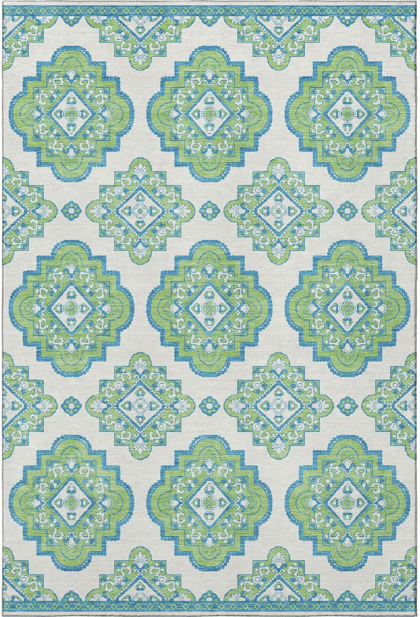 Lime Green Teal And Ivory Medallion Washable Area Rug With UV Protection Photo 3