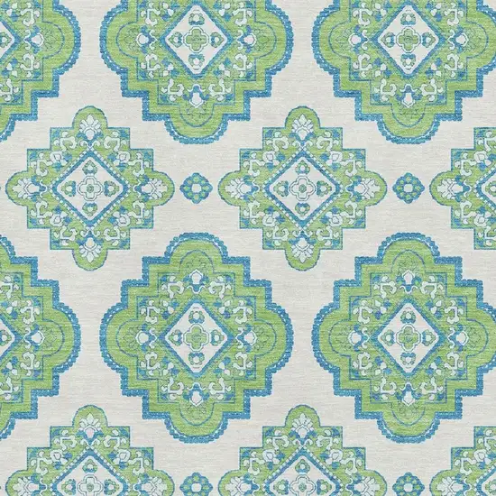 Lime Green Teal And Ivory Medallion Washable Area Rug With UV Protection Photo 3