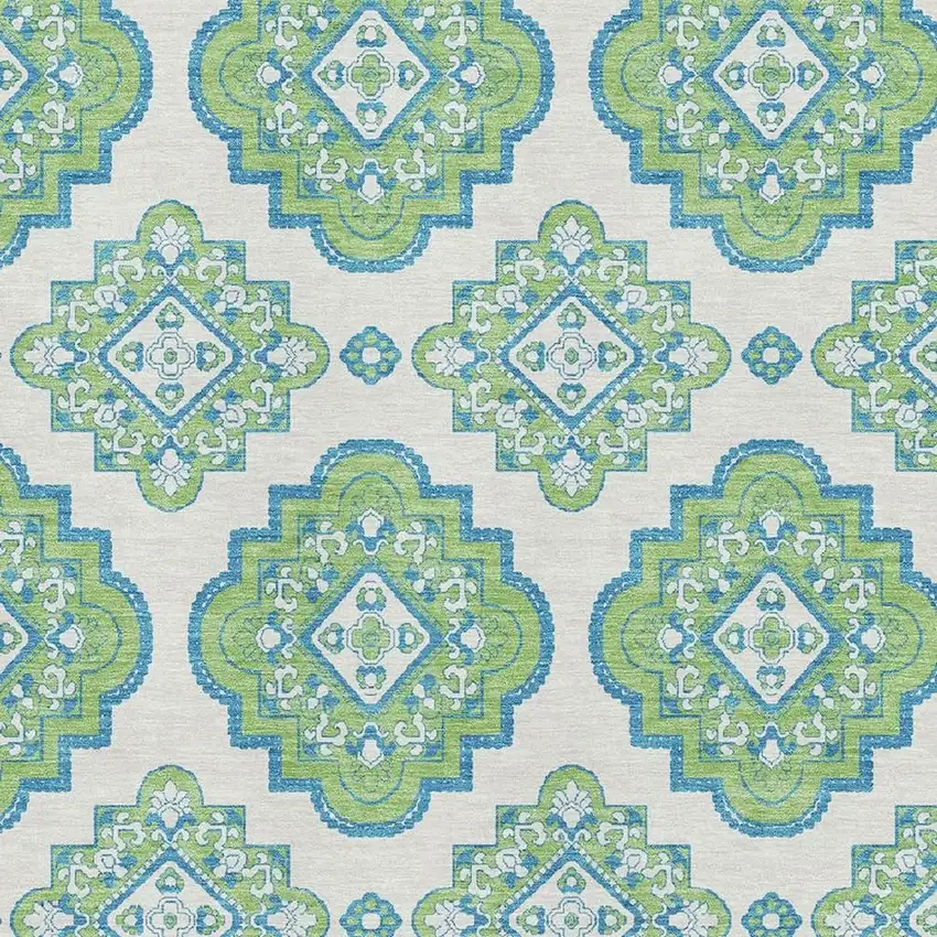 Lime Green Teal And Ivory Medallion Washable Area Rug With UV Protection Photo 3