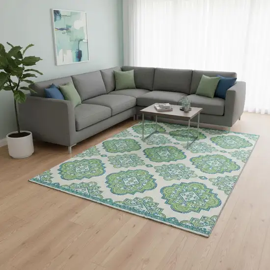 Lime Green Teal And Ivory Medallion Washable Area Rug With UV Protection Photo 2