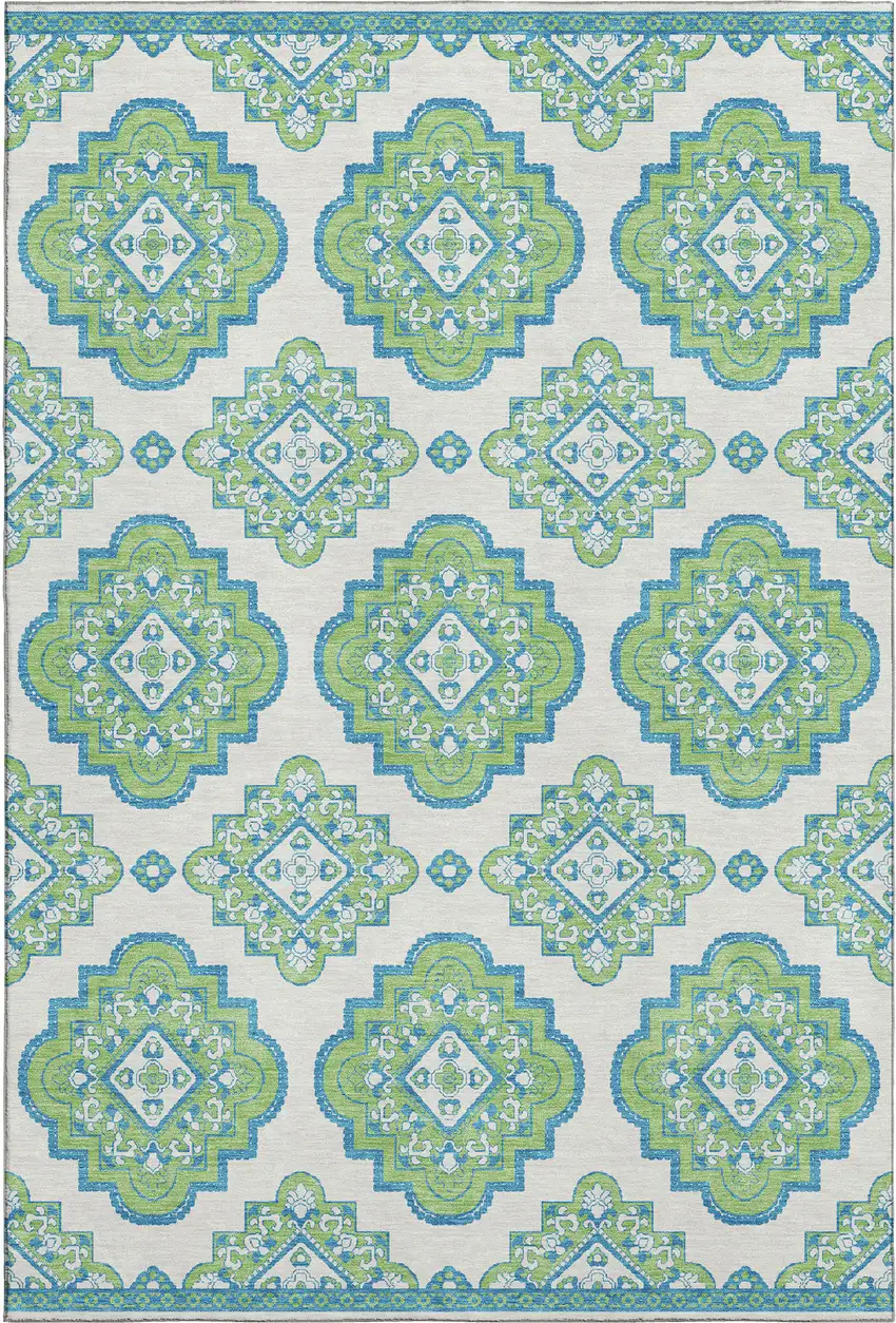 Lime Green Teal And Ivory Medallion Washable Area Rug With UV Protection Photo 1