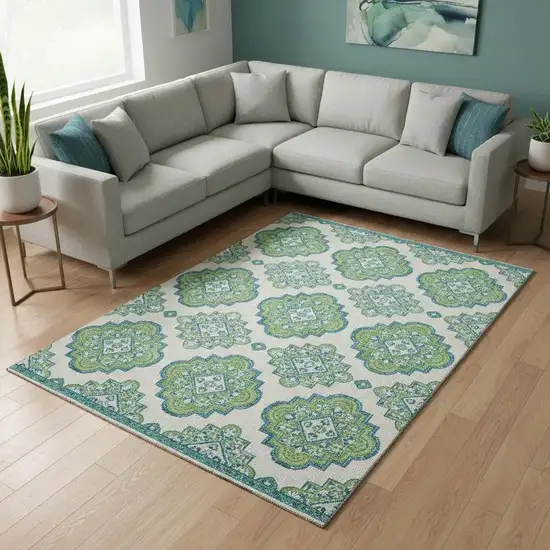 Lime Green Teal And Ivory Medallion Washable Area Rug With UV Protection Photo 2