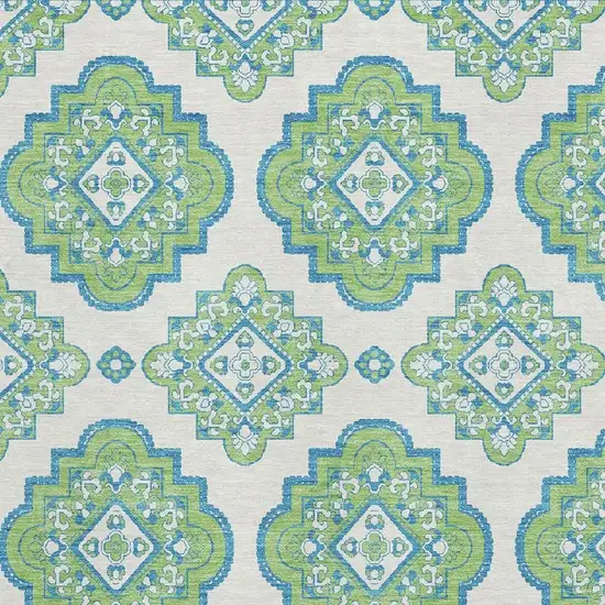 Lime Green Teal And Ivory Medallion Washable Area Rug With UV Protection Photo 3