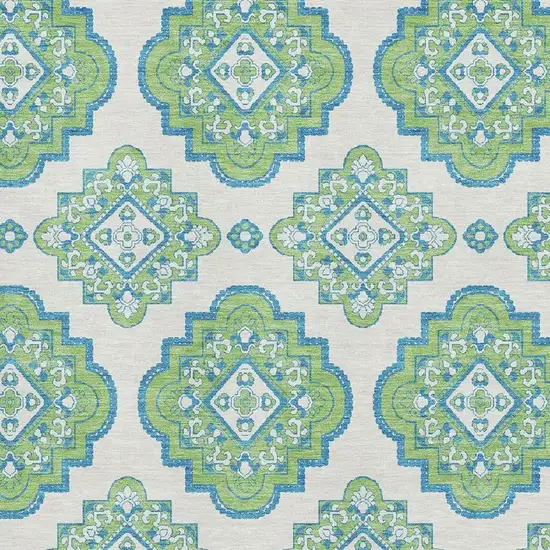 Lime Green Teal And Ivory Medallion Washable Area Rug With UV Protection Photo 3