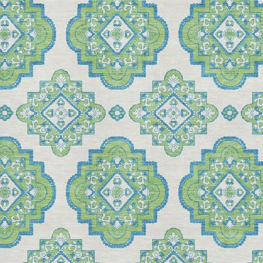 Lime Green Teal And Ivory Medallion Washable Area Rug With UV Protection Photo 3