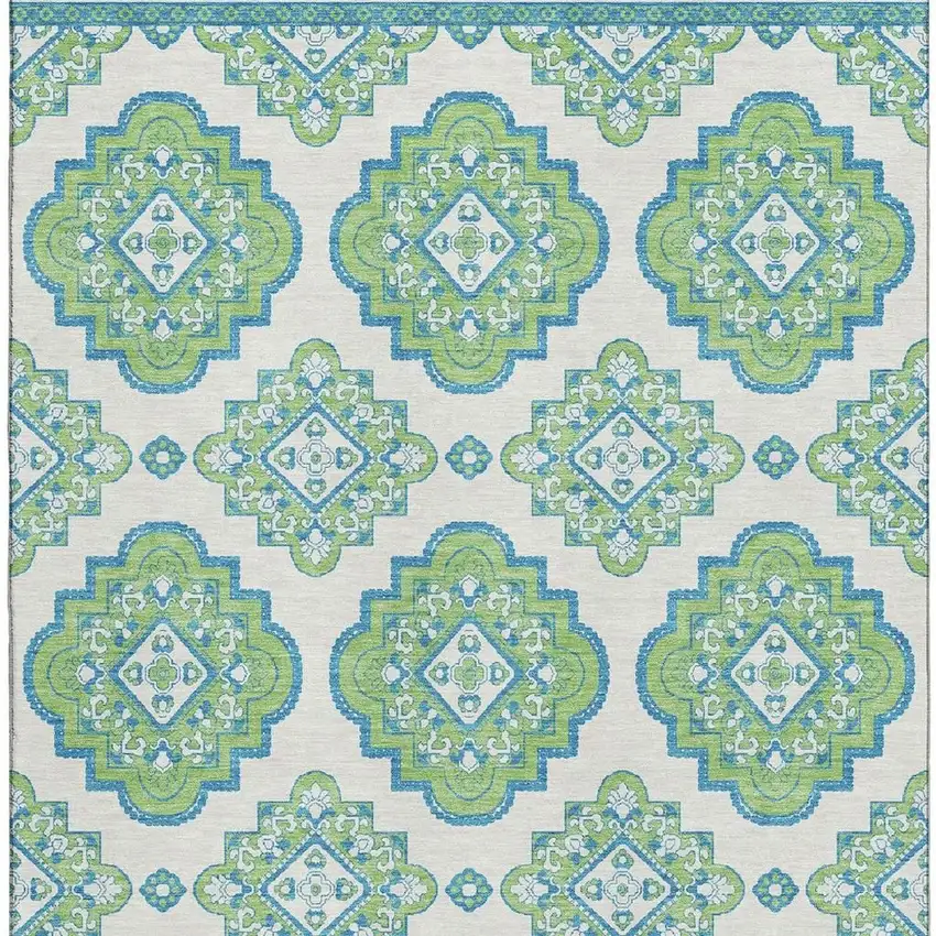 Lime Green Teal And Ivory Medallion Washable Area Rug With UV Protection Photo 4