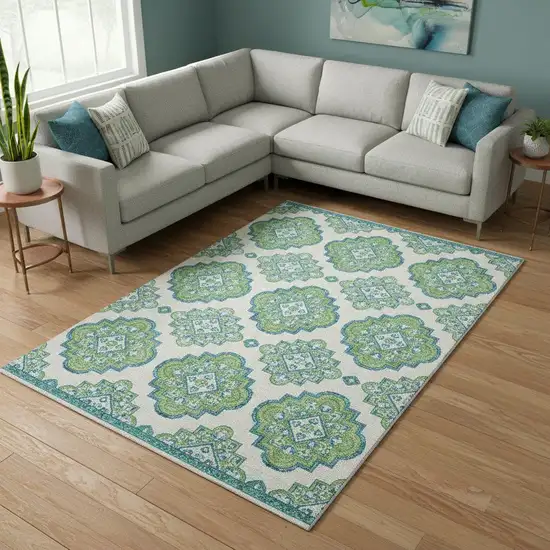Lime Green Teal And Ivory Medallion Washable Area Rug With UV Protection Photo 2