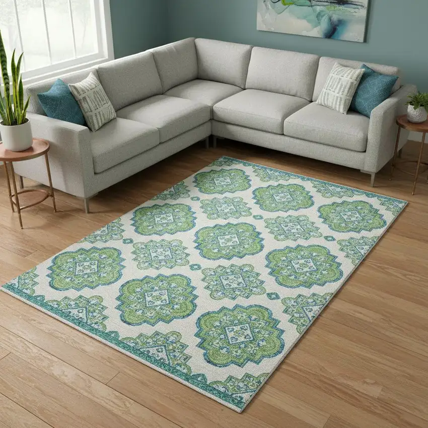 Lime Green Teal And Ivory Medallion Washable Area Rug With UV Protection Photo 2