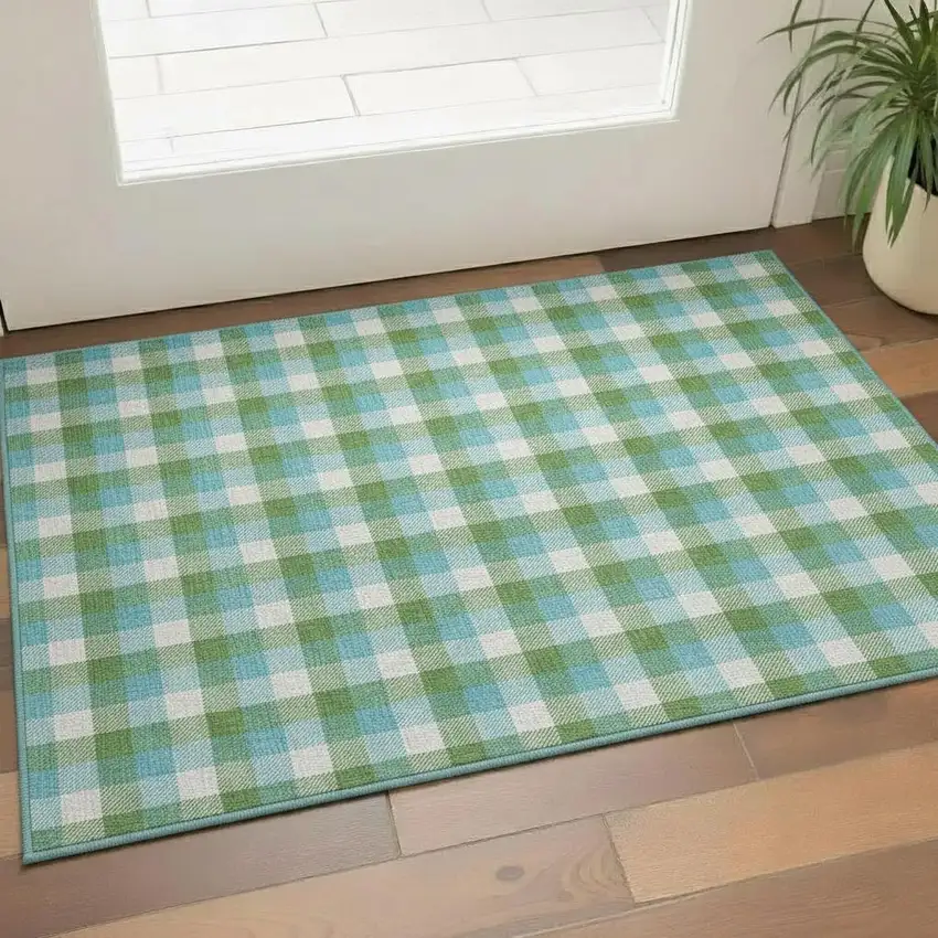 Lime Green Teal And Ivory Plaid Washable Area Rug With UV Protection Photo 2