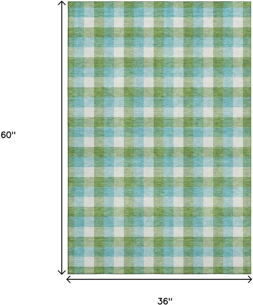 Lime Green Teal And Ivory Plaid Washable Area Rug With UV Protection Photo 9