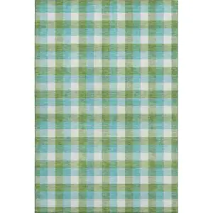 Photo of Lime Green Teal And Ivory Plaid Washable Area Rug With UV Protection