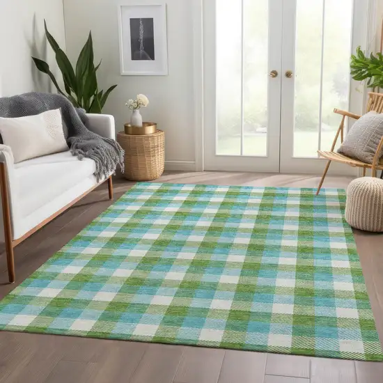 Lime Green Teal And Ivory Plaid Washable Area Rug With UV Protection Photo 4