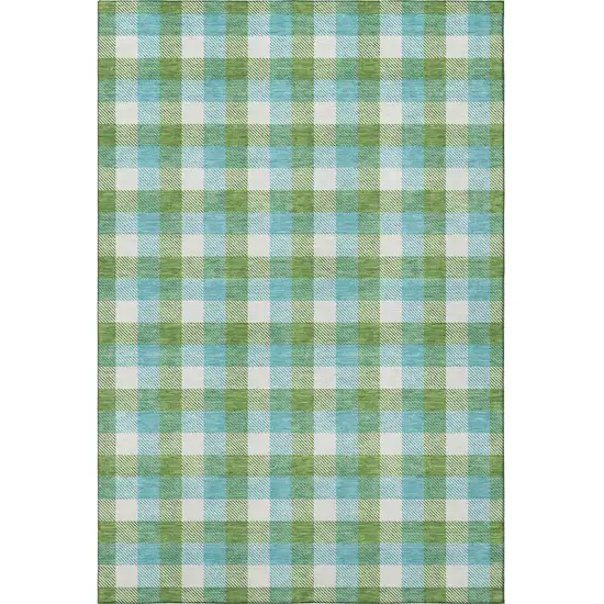 Lime Green Teal And Ivory Plaid Washable Area Rug With UV Protection Photo 2