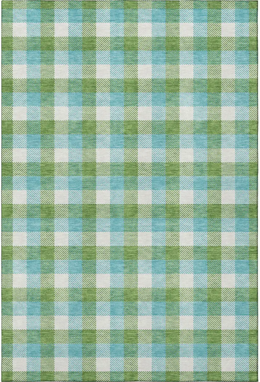 Lime Green Teal And Ivory Plaid Washable Area Rug With UV Protection Photo 2