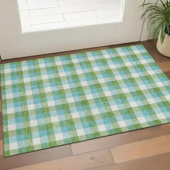 Lime Green Teal And Ivory Plaid Washable Area Rug With UV Protection Photo 1
