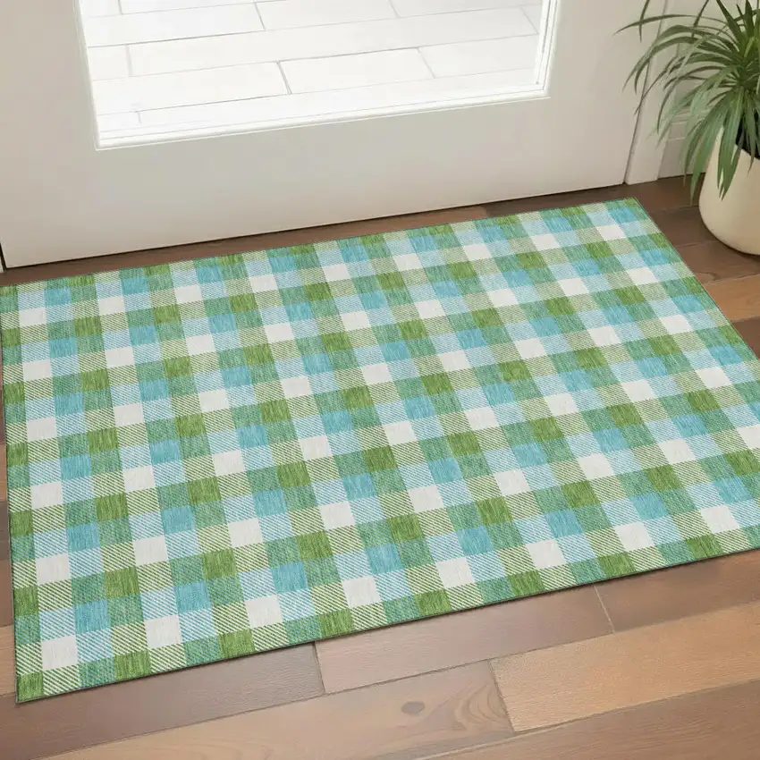 Lime Green Teal And Ivory Plaid Washable Area Rug With UV Protection Photo 1