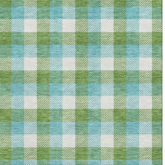 Lime Green Teal And Ivory Plaid Washable Area Rug With UV Protection Photo 2