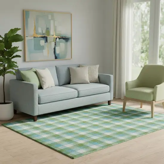 Lime Green Teal And Ivory Plaid Washable Area Rug With UV Protection Photo 2