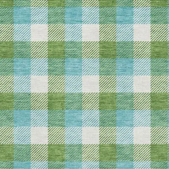 Lime Green Teal And Ivory Plaid Washable Area Rug With UV Protection Photo 2