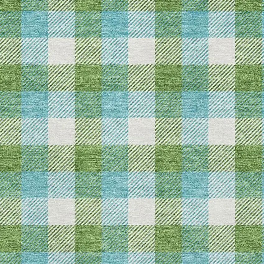 Lime Green Teal And Ivory Plaid Washable Area Rug With UV Protection Photo 2