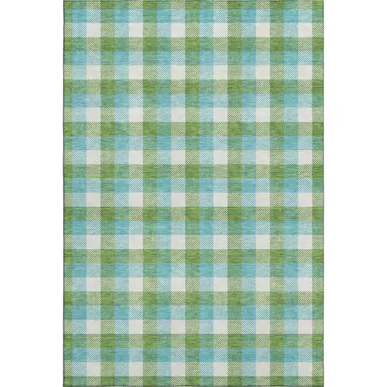 Lime Green Teal And Ivory Plaid Washable Area Rug With UV Protection Photo 1