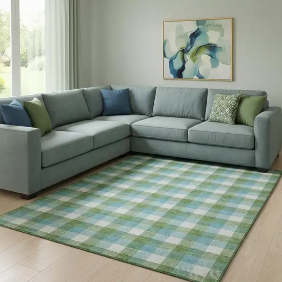 Lime Green Teal And Ivory Plaid Washable Area Rug With UV Protection Photo 2