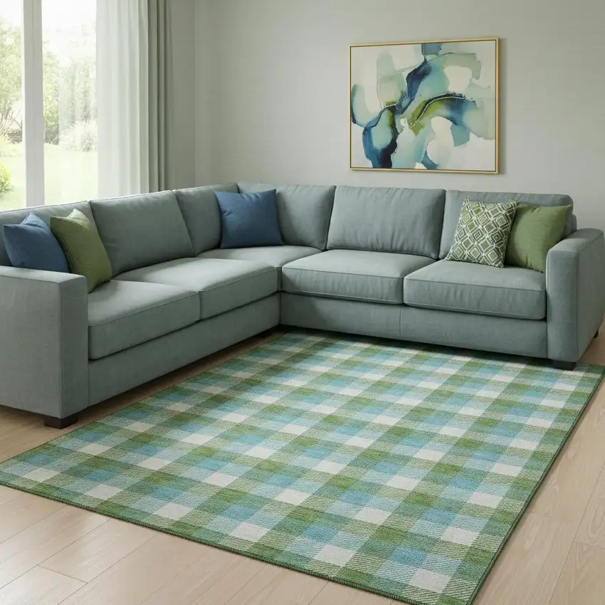 Lime Green Teal And Ivory Plaid Washable Area Rug With UV Protection Photo 2