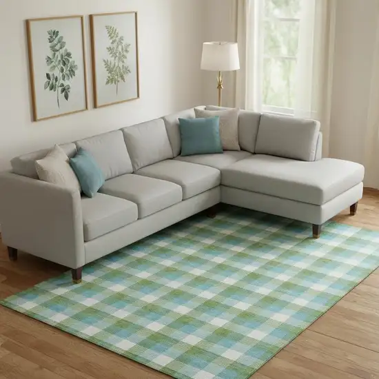 Lime Green Teal And Ivory Plaid Washable Area Rug With UV Protection Photo 2