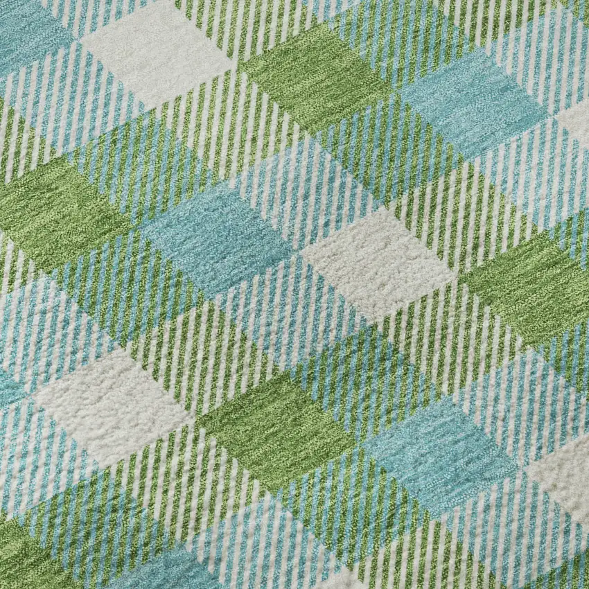 Lime Green Teal And Ivory Plaid Washable Area Rug With UV Protection Photo 9