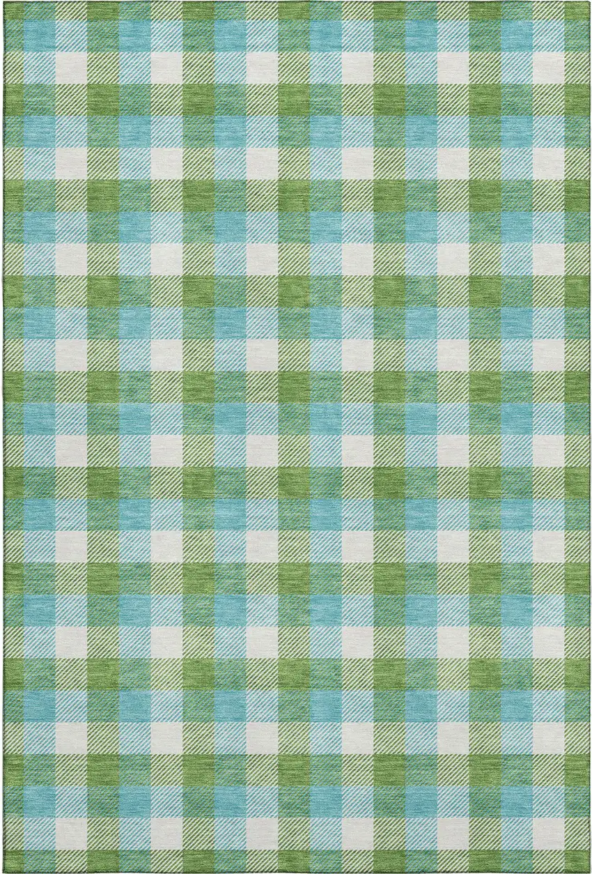 Lime Green Teal And Ivory Plaid Washable Area Rug With UV Protection Photo 1