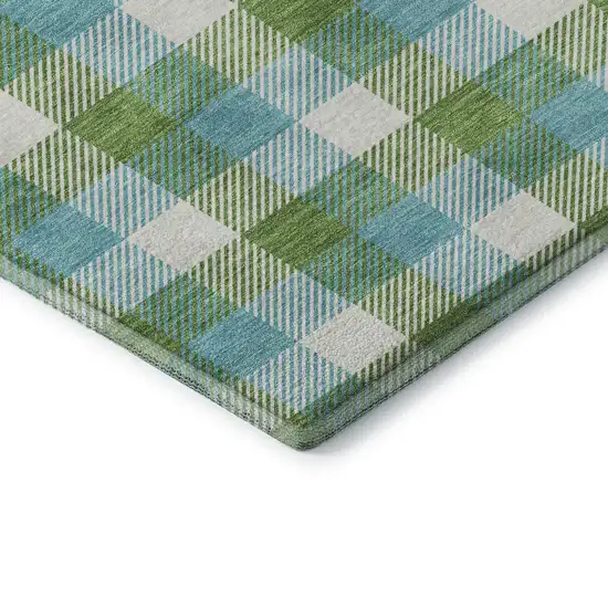 Lime Green Teal And Ivory Plaid Washable Area Rug With UV Protection Photo 7