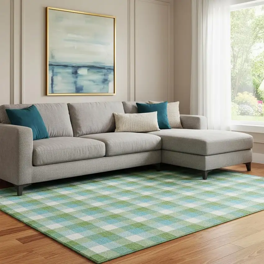 Lime Green Teal And Ivory Plaid Washable Area Rug With UV Protection Photo 2