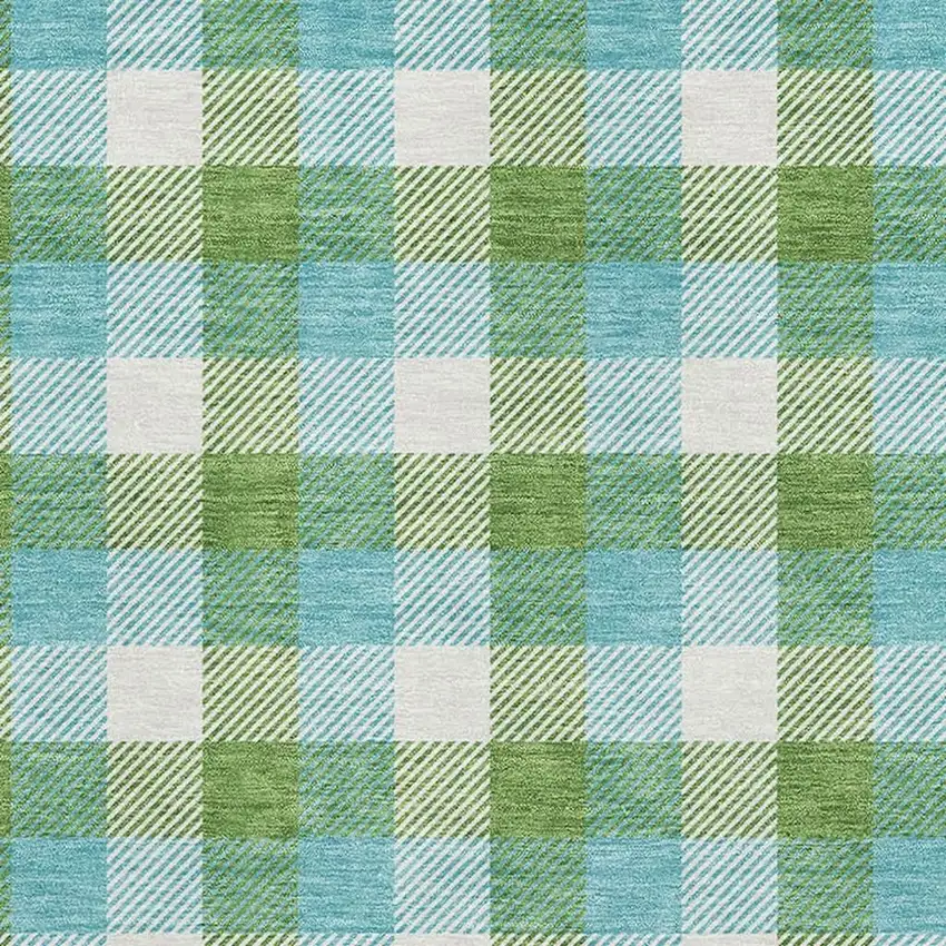 Lime Green Teal And Ivory Plaid Washable Area Rug With UV Protection Photo 2
