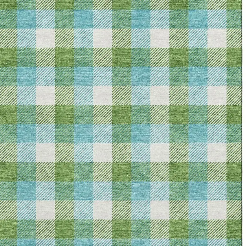 Lime Green Teal And Ivory Plaid Washable Area Rug With UV Protection Photo 3