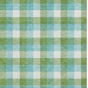 Photo of Lime Green Teal And Ivory Plaid Washable Area Rug With UV Protection