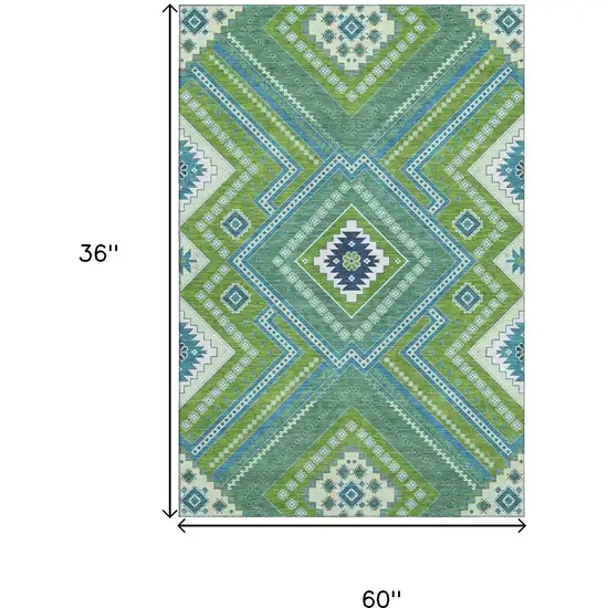 Lime Green Teal And Ivory Tribal Washable Area Rug With UV Protection Photo 9