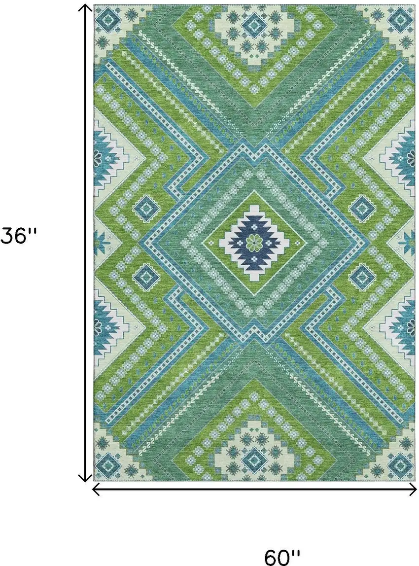 Lime Green Teal And Ivory Tribal Washable Area Rug With UV Protection Photo 9