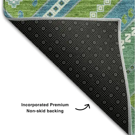 Lime Green Teal And Ivory Tribal Washable Area Rug With UV Protection Photo 6