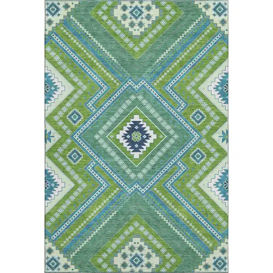 Lime Green Teal And Ivory Tribal Washable Area Rug With UV Protection Photo 5