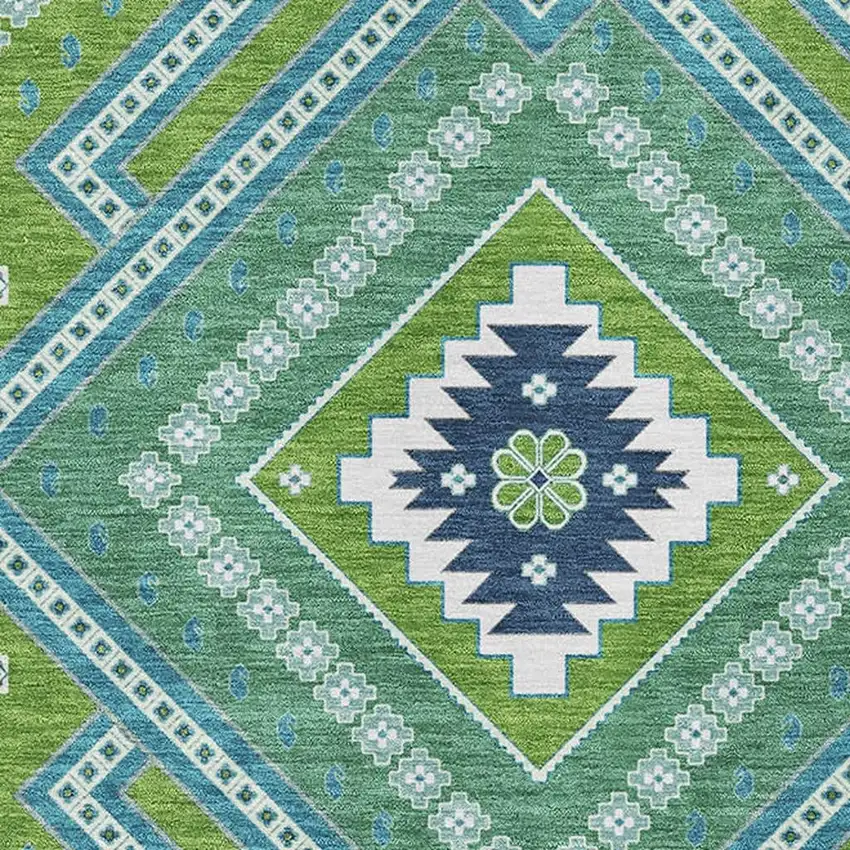 Lime Green Teal And Ivory Tribal Washable Area Rug With UV Protection Photo 2