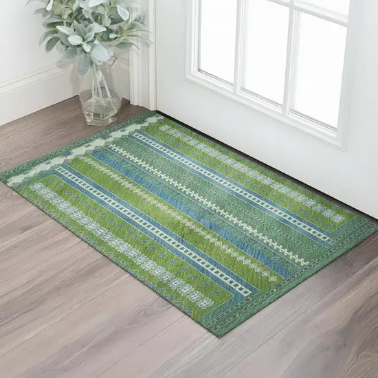 Lime Green Teal And Ivory Tribal Washable Area Rug With UV Protection Photo 2