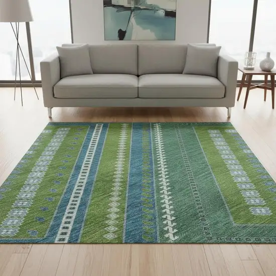 Lime Green Teal And Ivory Tribal Washable Area Rug With UV Protection Photo 2