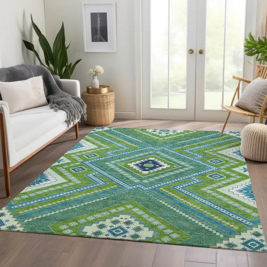 Lime Green Teal And Ivory Tribal Washable Area Rug With UV Protection Photo 5
