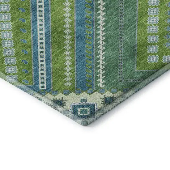 Lime Green Teal And Ivory Tribal Washable Area Rug With UV Protection Photo 1