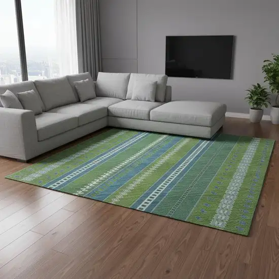 Lime Green Teal And Ivory Tribal Washable Area Rug With UV Protection Photo 2